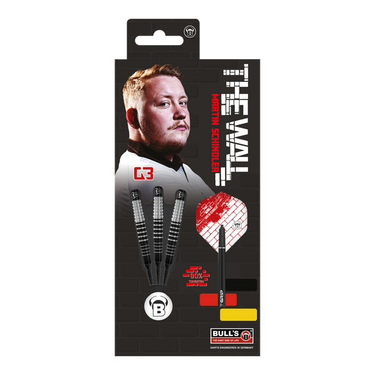 Das Bild zeigt die Verpackung der "Bulls Martin Schindler Original Generation 3 Softdarts". Auf der Verpackung ist ein Porträt von Martin Schindler sowie drei Softdarts und das Logo von Bull's abgebildet.