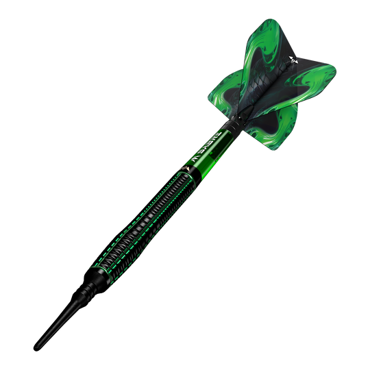 Šipky Mission Venom Softdarts - 20g Das Bild zeigt einen Mission Venom Softdart mit einem Gewicht von 20g. Der Dart ist schwarz und grün gestaltet und hat ein auffälliges Design am Flight.