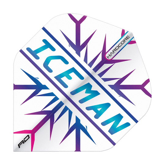 TF6827_Red_Dragon_Hardcore_Gerwyn_Price_Rainbow_Snowflake_Standard_Flights_1dqsiN0nraDedB Dieses Bild zeigt ein Dartflight mit einem auffälligen Schneeflocken-Design in Blau und Lila. In der Mitte steht das Wort "ICEMAN" und in der Ecke ist das Wort "HARDCORE" zu sehen.