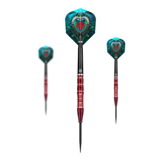 Das Bild zeigt drei Steeldarts des Produkts "Shot Future Knights Dreadheart". Die Darts haben rote, schwarz-silberne Schäfte und auffällige blau-grüne Flights mit einem Herz- und Kreuzdesign.