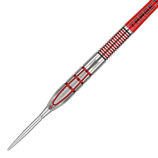 Ocelové šipky Target Nathan Aspinall GEN2 Swiss Point Das Bild zeigt einen Target Nathan Aspinall GEN2 Swiss Point Steeldart. Der Dart hat ein silbernes und rotes Design mit präzisen Gravuren und Rillen für besseren Halt.