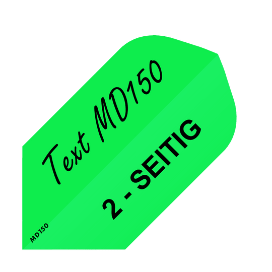MD-253_2-Seitig_Bedruckte_Flights_Wunschtext_MD150_Neongr-n_Slim_1 Das Bild zeigt einen grünen, bedruckten Dart-Flight mit der Aufschrift "Text MD150" und "2-SEITIG". Es handelt sich um das Produkt "10 Satz Bedruckte Flights 2-Seitig - Wunschtext - MD150 Slim".