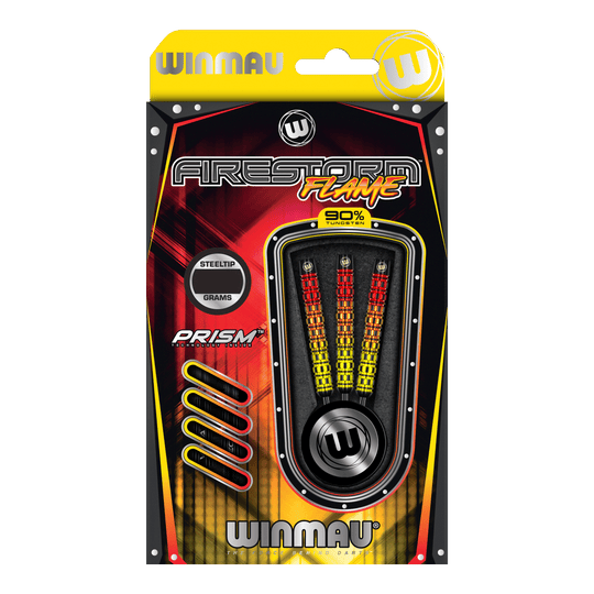 Winmau Firestorm Flame Parallel Steeldarts Das Bild zeigt die Verpackung der Winmau Firestorm Flame Parallel Steeldarts. Die Darts haben ein auffälliges Flammendesign und bestehen zu 90% aus Tungsten.