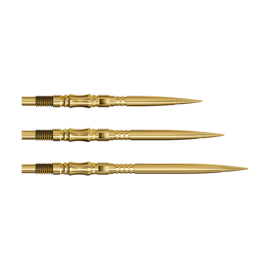 Špičky na šipky Harrows Quick Point Axis Elite Series - zlaté Die Harrows Quick Point Axis Elite Series Dartspitzen in Gold sind auf dem Bild zu sehen. Mehrere goldene Dartspitzen liegen nebeneinander.