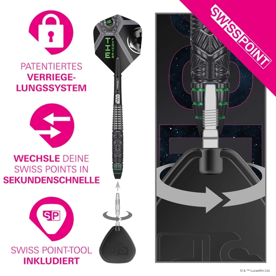 Target Star Wars Tie Fighter Swiss Point Steeldarts ist auf dem Bild zu sehen. Es handelt sich um Steeldarts, inspiriert von Star Wars.