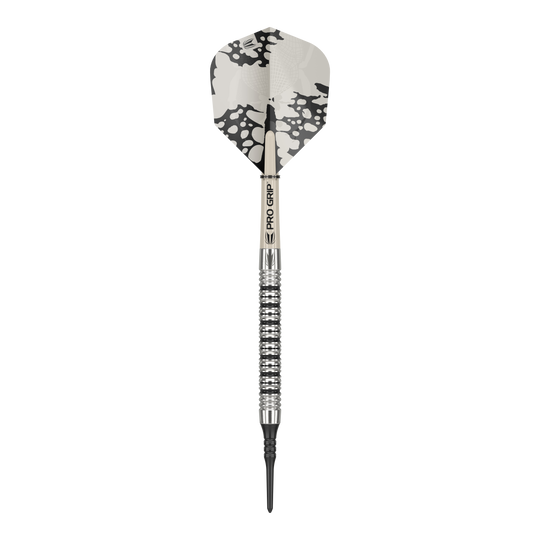 Měkké šipky Target EXO 11 Dies ist ein Softdart des Modells "Target EXO 11". Er hat ein silbernes Barrel mit Rillen und ein Flight mit schwarz-weißem Muster.