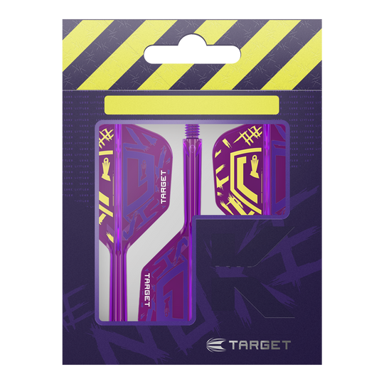 Die Verpackung zeigt die Target K-Flex Luke Littler World Champion 2025 No6 Flights. Die Flights sind vorwiegend lila mit gelben Akzenten und befinden sich in einer auffälligen Verpackung.