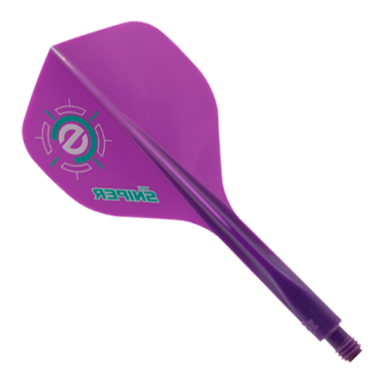 Das Bild zeigt ein lila Dart-Flightsystem mit der Aufschrift "Sniper". Es handelt sich um das Modell "Condor Axe 120 Connor Scutt Sniper Purple Flight-System - Standard".