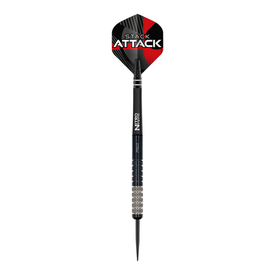 Dies ist das Produkt Red Dragon Rob Owen Stack Attack Steedarts - 22g. Zu sehen sind Steeldarts mit dem entsprechenden Markennamen.