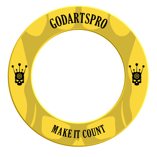 Obložení terče Go Darts Pro Ein gelber Dartboard-Surround ist auf dem Bild zu sehen. Die Aufnahme zeigt das Produkt in Nahaufnahme zur besseren Ansicht.