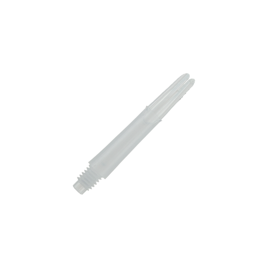 Das Bild stellt einen weißen, geraden L-Style L-Shaft Locked Dart-Schaft ohne Kappen mit einer Länge von 32 mm dar. Es zeigt typisches Zubehör für Darts.