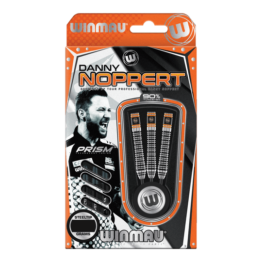 Ocelové šipky Winmau Danny Noppert Signature Edition 2 Auf dem Bild ist eine Packung „Winmau Danny Noppert Signature Edition 2 Steeldarts“ zu sehen. Die Verpackung zeigt drei Steeldarts und ein Porträt von Danny Noppert.