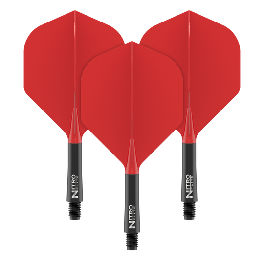 Red Dragon Nitroplite - Black Shaft Red No2 Flights Abgebildet ist ein weiterer Nitro-Flite in Schwarz und Rot, Short Größe, 22 mm. Das Produkt wird aus einer anderen Perspektive dargestellt.