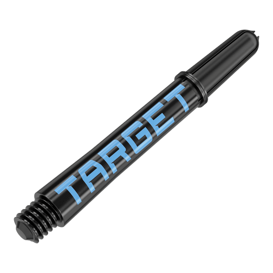Násadky Target Pro Grip TAG - 3 sady - černomodré Dies ist ein schwarzer Dart-Schaft mit blauer Schrift. Auf dem Schaft steht das Wort "TARGET".