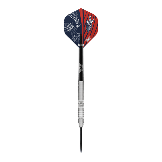 Bulls NL Richard Veenstra 80 ocelové šipky - 23g Das Bild zeigt einen Steeldartpfeil namens "Bulls NL Richard Veenstra 80 Steeldarts - 23g". Der Dart hat eine silberne, gerillte Spitze und bunte Flights in Blau und Rot mit weißen Mustern.