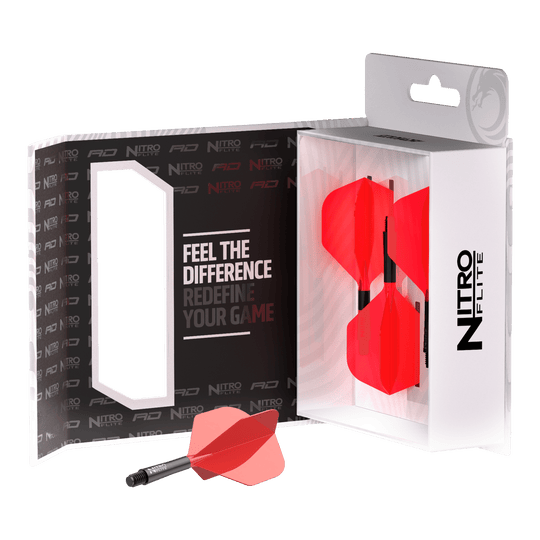 Zu sehen ist Red Dragon Nitroflite - Black Shaft Red No2 Flights. Die Dart-Flights zeigen ein Design in Schwarz und Rot.