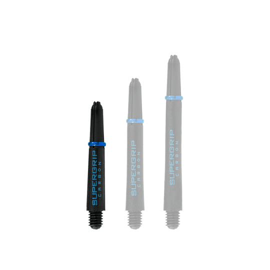 HR363_Harrows_Supergrip_Carbon_Shafts_Aqua_33mm_1 Das Bild zeigt drei Harrows Supergrip Carbon Shafts in der Farbe Aqua. Sie sind unterschiedlich lang und haben ein schwarzes Design mit blauen Akzenten.