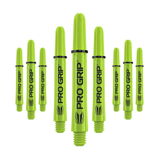 Target Pro Grip Shafts - 3 sady - Lime Green Auf dem Bild sind neun limegrüne Dart-Schäfte mit der Aufschrift "PRO GRIP" zu sehen. Sie stehen aufrecht und sind gleichmäßig angeordnet.