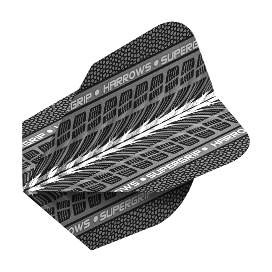 Hier sind Harrows Supergrip Weiß No6 Flights zu sehen. Das Produkt besteht aus weiß gefärbten Dart-Flights.