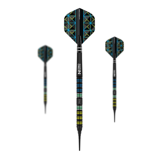 Das Bild zeigt drei Softdarts des Modells "Red Dragon Dragonfly 95 Black Parallel Softdarts - 20g". Die Darts sind schwarz mit bunten Akzenten und haben ein geometrisch gemustertes Flight-Design.