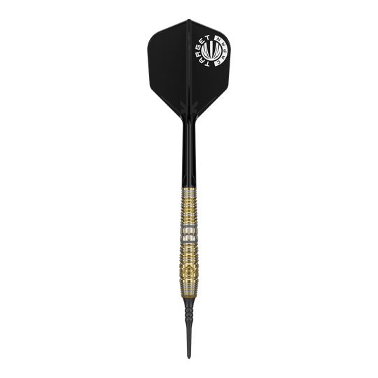Das Bild zeigt einen Softdart mit schwarzem Flight und goldenem Griff. Es handelt sich um das Produkt "Target Japan Hot Shot GEN2 Softdarts - 19g".
