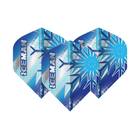 Standardní lety Red Dragon Gerwyn Price Blue Flake No2 Das Bild zeigt drei blaue Dart-Flights mit Eiskristall-Muster und dem Schriftzug "ICEMAN". Die Flights sind das Produkt "Red Dragon Gerwyn Price Blue Flake No2 Standard Flights".