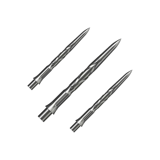 Ocelové hroty na šipky Caliburn System - HAN G2 - Stříbrné Auf dem Bild sind drei silberne Steeldartspitzen zu sehen. Sie haben eine spitz zulaufende Form mit eingeritztem Muster.
