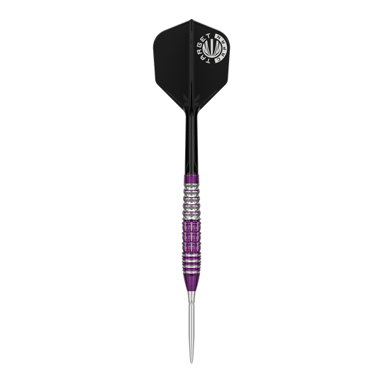 Šipky Target Japan Prime Series Tung Suk Zenith GEN1 Swiss Point Steeldarts - 23g Das Bild zeigt einen Steeldartpfeil aus der Target Japan Prime Series mit silber-lila geriffeltem Barrel und schwarzer Flight. Auf dem Flight ist ein weißes Logo mit der Aufschrift "TARGET JAPAN" zu sehen.