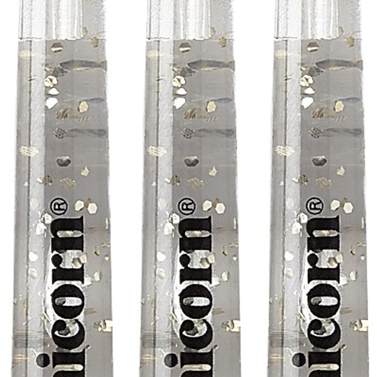 78988-Gripper-4-Elements-Clear-Medium Das Bild zeigt drei transparente Dartschäfte mit silbernen Glitzerelementen. Auf jedem Schaft steht das Wort "unicorn" in schwarzer Schrift.