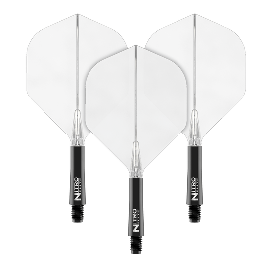 Das Bild zeigt drei Dart Flights mit weißen Flügeln und schwarzen Schäften. Auf den Schäften steht der Schriftzug "Nitro Flite".
