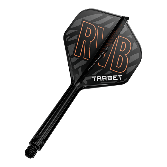 Targetový K-Flex Standardní letový hřídel Raymond Van Barneveld No2 Auf dem Bild ist ein schwarzer Dartflight mit der Aufschrift „RVB“ in orange und „TARGET“ in weiß zu sehen. Der Schaft des Darts ist ebenfalls schwarz und hat eine glänzende Oberfläche.
