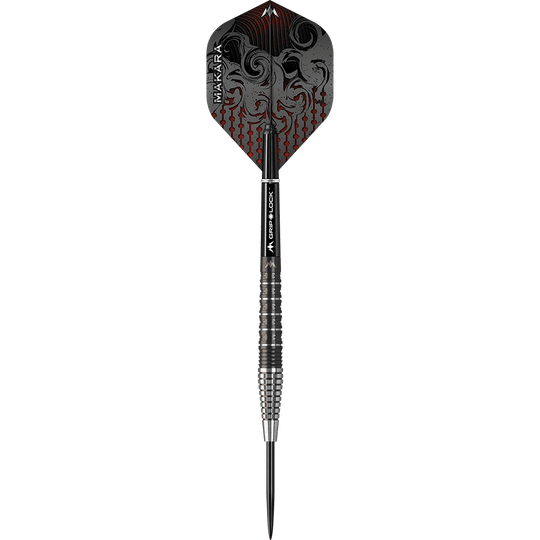 Ocelové šipky Mission Makara M2 - 23g Das Bild zeigt einen Mission Makara M2 Steeldart mit einem Gewicht von 23 Gramm. Der Dart hat ein auffälliges Design mit schwarzen und roten Verzierungen auf dem Flight.