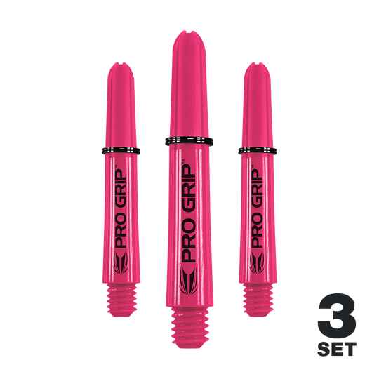 Target Pro Grip Shafts - 3 sady - Pink Das Bild zeigt drei pinke Pro Grip Shafts für Dartpfeile. In der rechten unteren Ecke steht "3 Set".