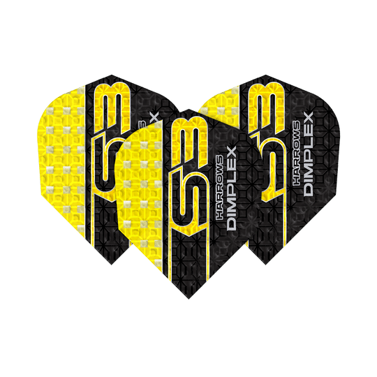 Letky Harrows Dimplex S3 - žluté Das Bild zeigt drei gelbe und schwarze Dartflights des Modells "Harrows Dimplex S3". Auf den Flights steht der Schriftzug "S3 HARROWS DIMPLEX".
