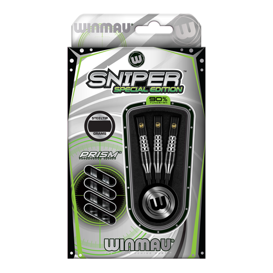 Die Abbildung zeigt die Winmau Sniper Special Edition V1 Steeldarts in ihrer Verpackung. Die Verpackung hebt hervor, dass die Darts aus 90% Tungsten bestehen und Prism-Technologie besitzen.