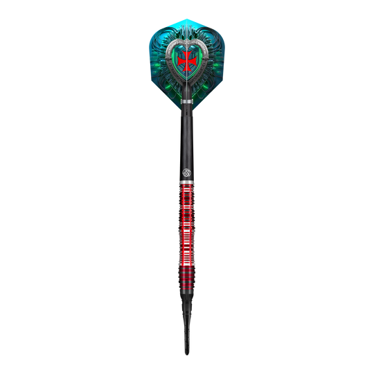 Das Bild zeigt einen Softdart namens "Shot Future Knights Dreadheart" mit einem Gewicht von 20g. Der Dart hat ein auffälliges Design mit roten und schwarzen Akzenten sowie einem blau-grünen Flight mit einem futuristischen Muster.