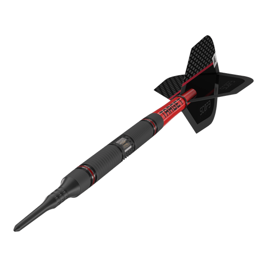 Target Scope 10 měkkých šipek Das Bild zeigt einen modernen Softdart mit dem Namen "Target Scope 10 Softdarts". Der Dart ist schwarz und rot gestaltet und hat eine auffällige, strukturierte Oberfläche sowie eine schwarze Flight.