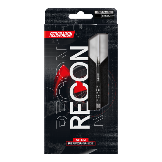 Das Bild zeigt die Red Dragon Recon Parallel Steeldarts. Die Darts sind für Präzision und Leistung konzipiert.