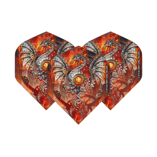 Standardní lety Alchemy Tech Dragon No2 Das Bild zeigt drei Dart-Flights mit einem mechanischen Drachenmotiv in leuchtenden Orange- und Silbertönen. Die Flights sind das Produkt "Alchemy Tech Dragon No2 Standard Flights".