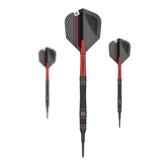 Target Scope 11 měkkých šipek Das Bild zeigt drei Softdarts des Produkts „Target Scope 11“. Die Darts haben ein schwarzes und rotes Design mit strukturierten Flights.
