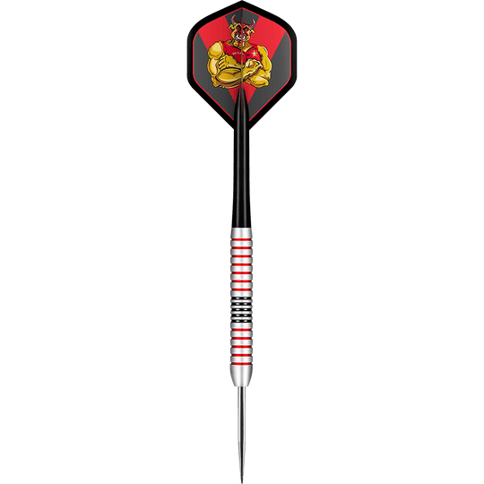 Shot Michael Smith Plated Brass Steeldarts - 24g Das Bild zeigt einen Steeldart mit dem Namen "Shot Michael Smith Plated Brass Steeldarts - 24g". Der Dart hat eine schwarz-rote Flight mit einem kräftigen, gelben Stiermotiv und einen messingfarbenen Schaft mit roten und schwarzen Ringen.