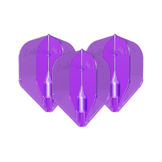 Letky L-Style Fantom L3EZ Fialová Das Bild zeigt drei violette L-Style Fantom L3EZ Flights für Darts. Sie sind nebeneinander angeordnet und haben eine glänzende, transparente Oberfläche.