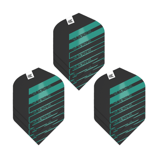 Das Bild zeigt drei Sets von Target Pro Ultra Rob Cross Black No2 Standard Flights. Die Flights sind schwarz mit türkisen Streifen und dem Schriftzug "VOLTAGE".