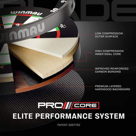Ocelový terč Winmau Blade X ProCore Das Bild zeigt einen weiteren Blick auf das Winmau Blade X ProCore Steeldartboard. Die Aufnahme fokussiert auf die Oberfläche und das Segment-Design.