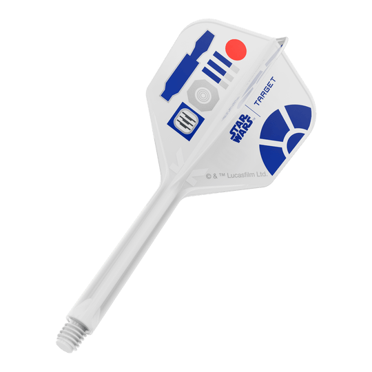 Lety Target Star Wars K-Flex R2D2 č. 6 Das Bild zeigt ein Produkt mit dem Dateinamen 410512_Target_StarWars_KFlex_R2D2_No6_Flights_Medium_33mm_1. Es dürfte ein Dart-Flight im Star Wars Design sein.