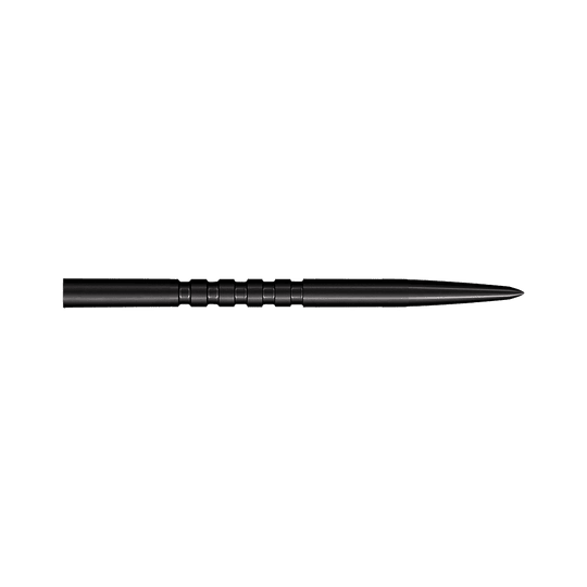 Ocelové hroty šipek Shot Grip Point - černé Auf dem Bild ist eine schwarze Stahl-Dartspitze mit Rillen in der Mitte zu sehen. Sie ist lang und hat eine spitze Form.
