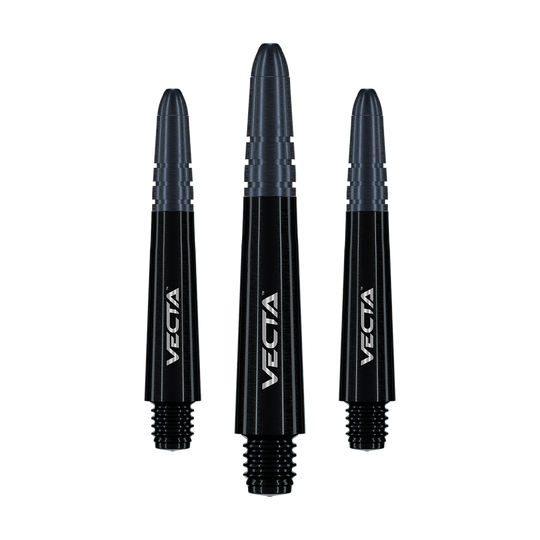 Hřídele Winmau Vecta - černá Auf dem Bild sind drei schwarze Dart-Schäfte mit der Aufschrift "Vecta" zu sehen. Sie sind unterschiedlich groß und haben ein modernes, glänzendes Design.