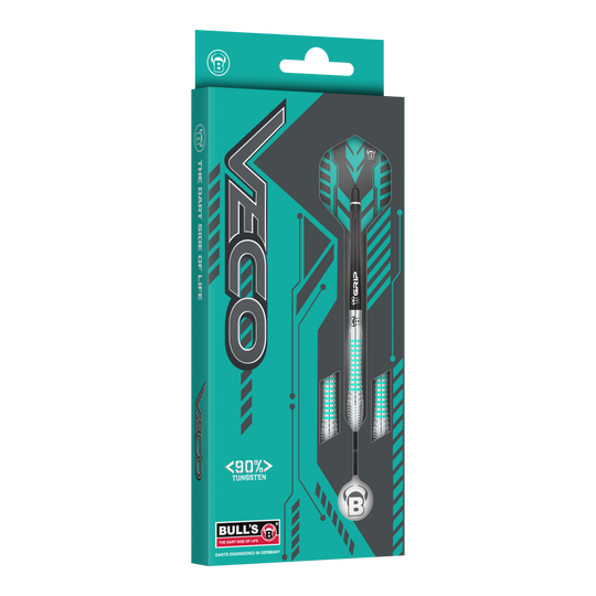 Die Abbildung zeigt die Verpackung der "Bulls Veco V2 Softdarts". Die Darts bestehen zu 90 % aus Tungsten und sind in einer modern gestalteten Schachtel präsentiert.