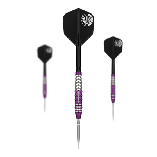 Šipky Target Japan Prime Series Tung Suk Zenith GEN1 Swiss Point Steeldarts - 23g Das Bild zeigt drei Steeldarts der Marke "Target Japan Prime Series Tung Suk Zenith GEN1 Swiss Point" mit einem Gewicht von 23g. Die Darts haben silberne und lila Akzente sowie schwarze Flights mit weißem Logo.