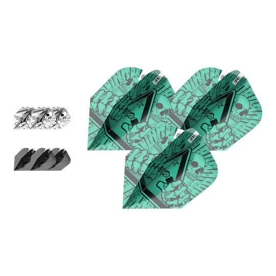 Das Bild zeigt das Produkt „Target Ink Bundle 3 Sets Rob Cross Ten-X Flights“. Es sind drei verschiedene Dart-Flights mit auffälligen Mustern zu sehen, darunter ein grünes Design mit Totenkopf.